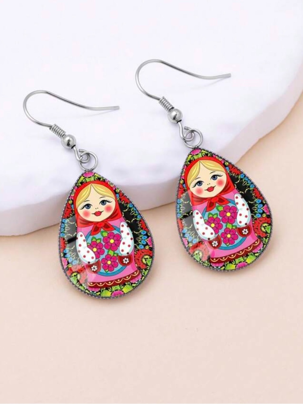 Russian Nesting Doll Pattern With 316 Stainless Steel Teardrop Earring‎ Hooks